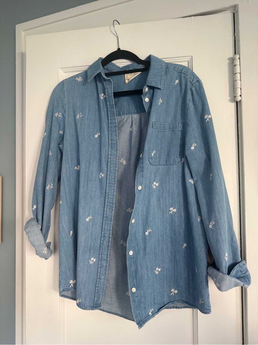 Sézane Light Blue Embroidered Denim Button-Down Shirt